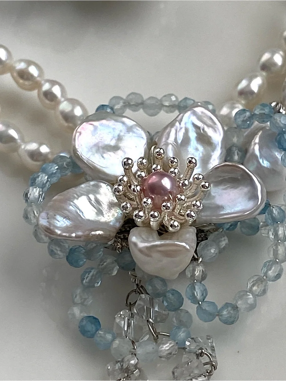 GP90-Handmade Aquamarine And Flower Petal Pearl Necklace And Bracelet Set